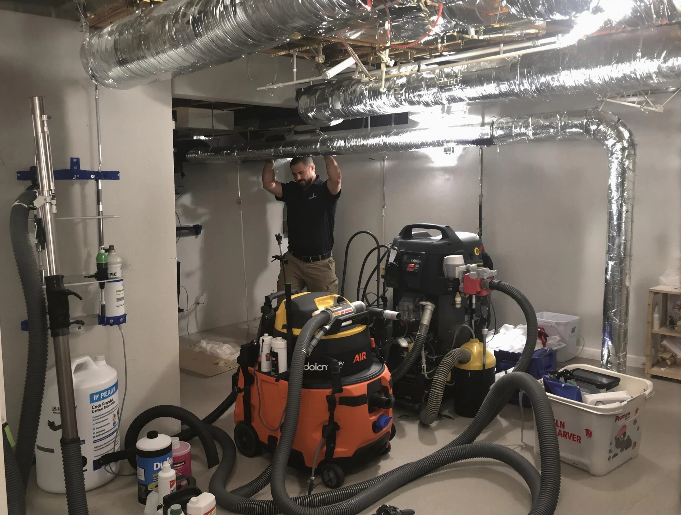 Layton Air Duct Cleaning specialist performing professional mold removal from air ducts using safety equipment in Layton
