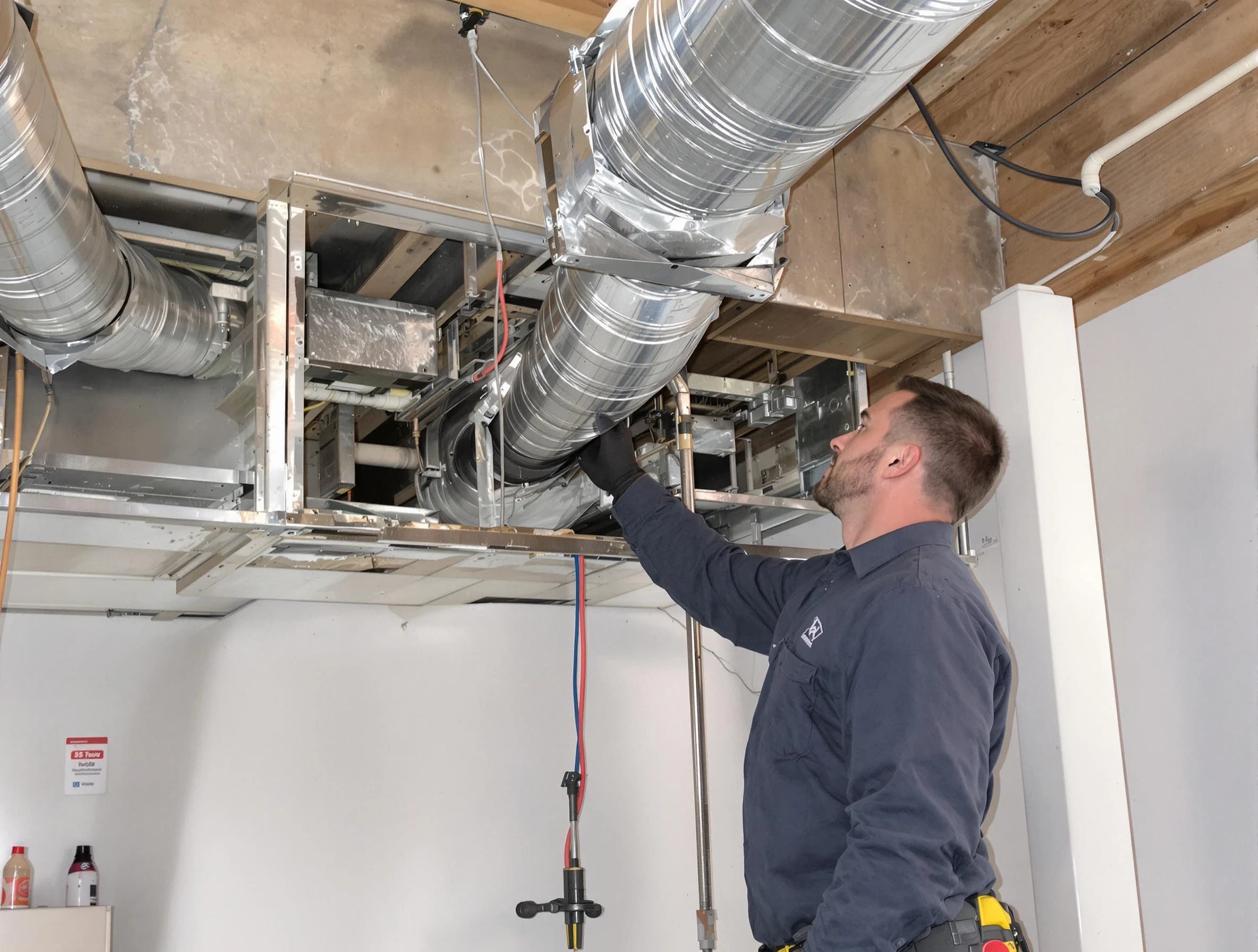 Layton Air Duct Cleaning technician performing professional air duct repair using specialized tools in Layton